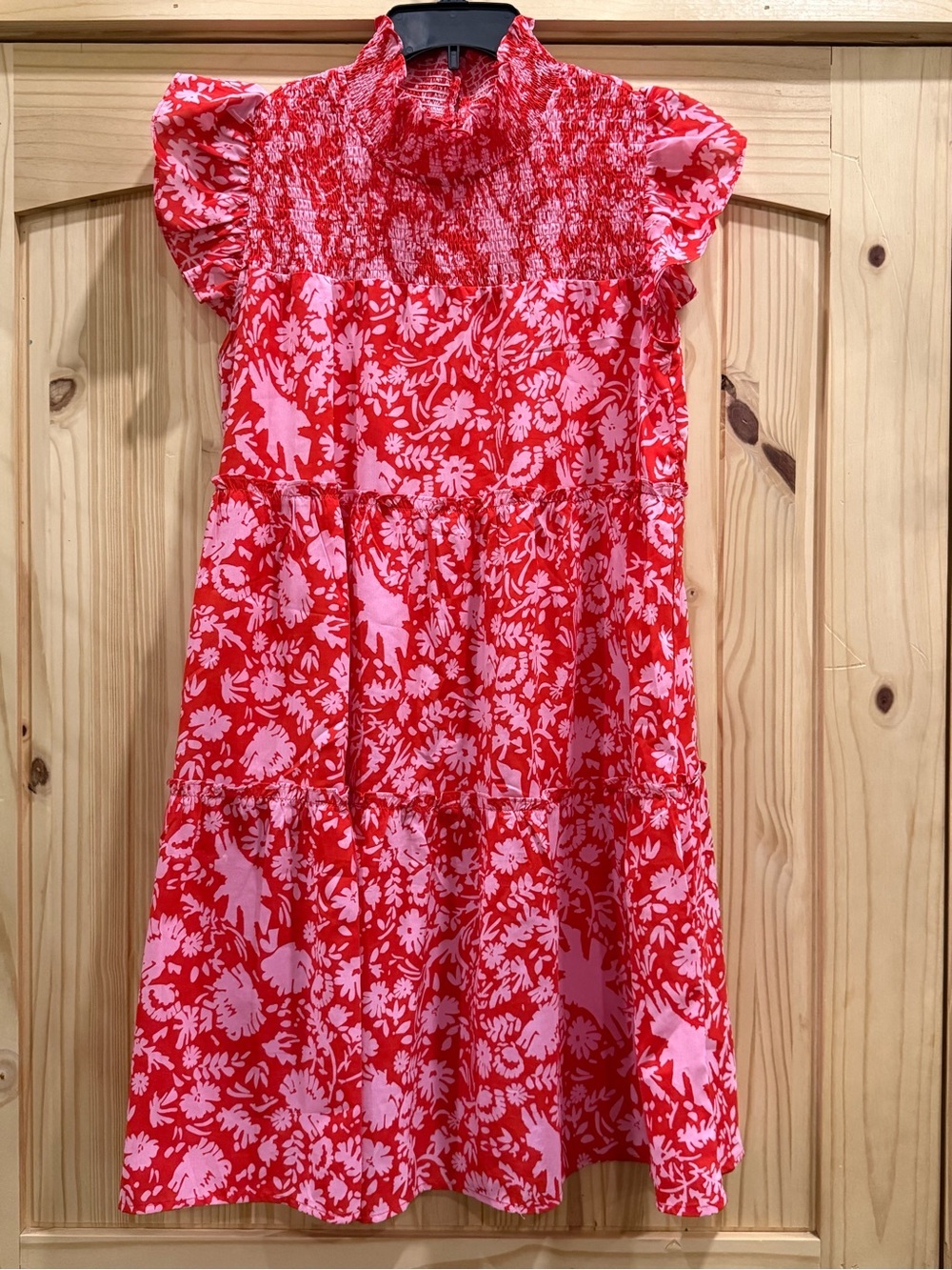 Oddy Red & Pink Floral Smocked Short Sleeve Dress, Size Medium